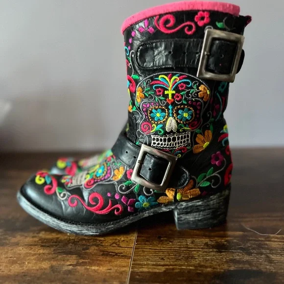 Old Gringo Klak Sugar Skull Black Leather Rainbow Biker Boots 7.5 - Picture 4 of 15